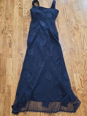 (12) Algo Navy Sleeveless Maxi Dress Textured Floral Details Lace Evening Formal